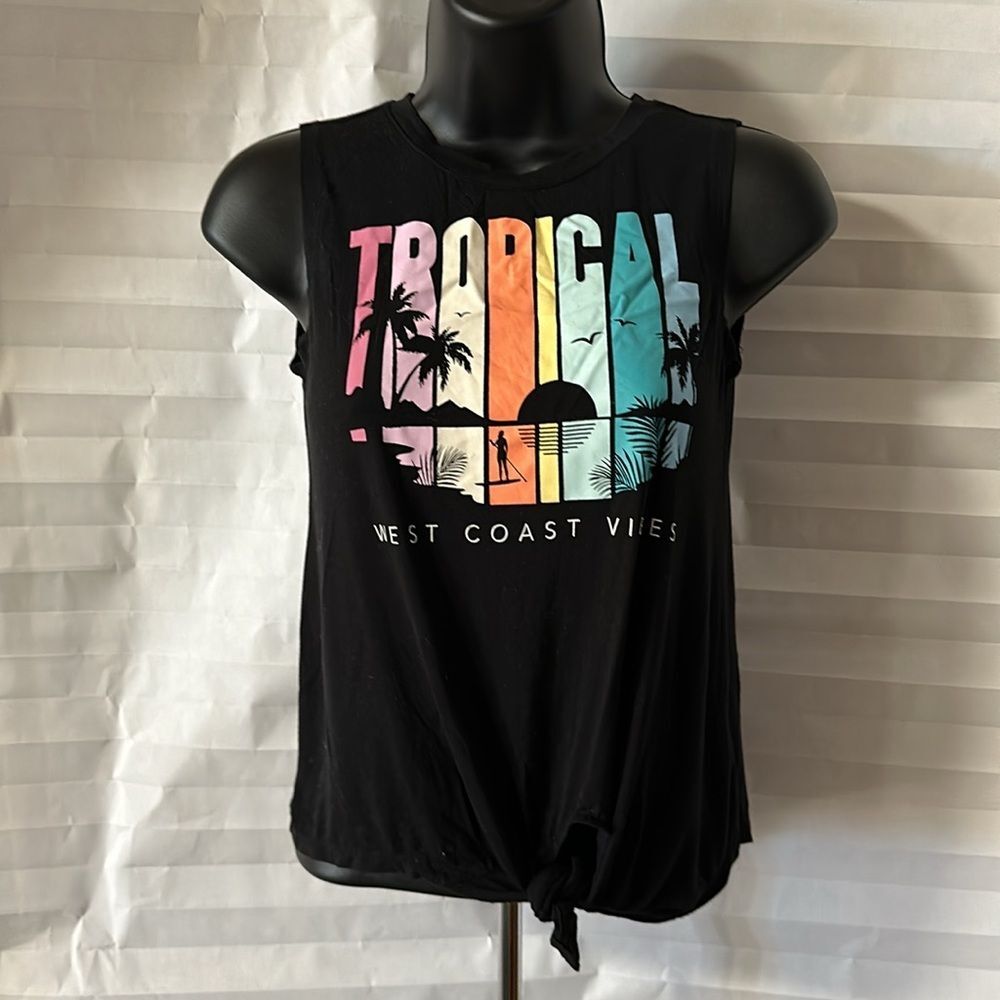 Old Navy Girls Black Tank Top Size Medium (8) "West Coast Vibes" Graphic Shirt